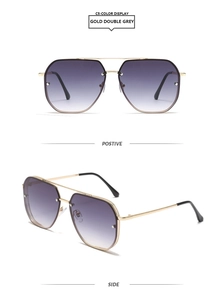 Front and side view of gold double bridge aviator sunglasses with gradient grey lenses