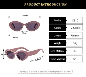 Detailed size chart and specifications for vintage oval frame cat-eye sunglasses