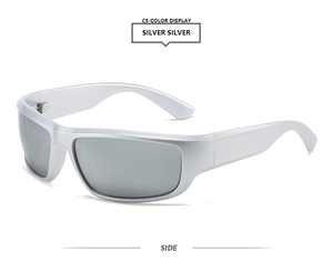 Nahaufnahme der C5 Silber-Sportsonnenbrille mit Metallrahmen und Seitenansichtsdetails