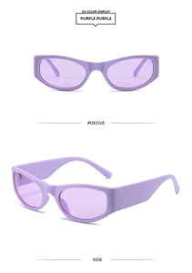 Detail view of Y2K purple cat eye sunglasses featuring matte frames and translucent lenses