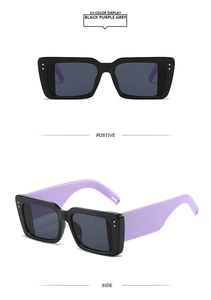 Detail of square sunglasses with dual metal rivets and black frame with purple temples