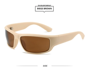 Seitenansicht der beigen matten Sportsonnenbrille mit braunen polarisierten Gläsern