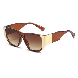 Modern thick square frame sunglasses in translucent brown with metal side accents