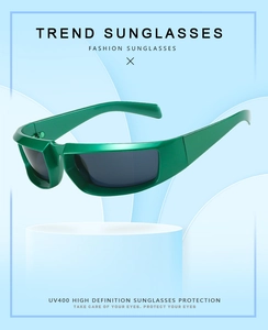 Detail of green futuristic Y2K wrap sports sunglasses with UV400 on a white pedestal