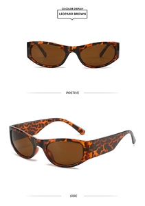 Detailed front and side views of Y2K vintage leopard print oval sunglasses in brown