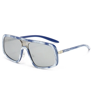 Modische Oversize Quadrat-Sonnenbrille mit blau-weißem Rahmen und Silbergläsern