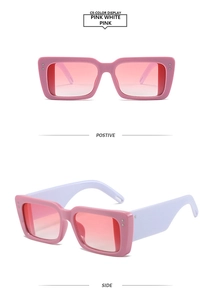 Detailed views of pink and white rectangle sunglasses with metallic dot accents