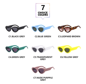 Detailed grid showing seven colorful oval retro sunglasses in various trendy frames