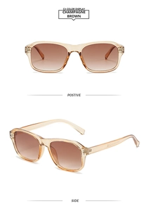 Vues de face et à 45 degrés de lunettes de soleil carrées marron champagne à verres dégradés