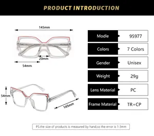 Detailed size chart for stylish square glasses showing 145mm frame width and TR+CP material