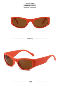 Front and side views of orange oval Y2K sunglasses with brown lenses and matte finish
