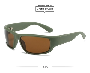 Seitenansicht der quadratischen Sportsonnenbrille in Mattgrün mit braunen Gläsern