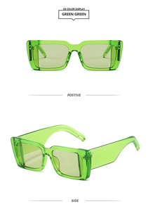 Detail view of transparent green rectangle sunglasses in front and side profile display