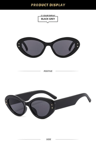 Front and side view of oval baroque sunglasses with black frame and gold star rivets