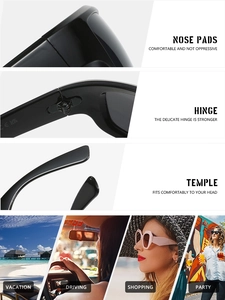 Detailansicht der quadratischen Sonnenbrille mit Nasenpads und robusten Scharnieren