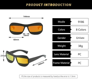 Tableau des tailles détaillé pour lunettes de soleil carrées futuristes avec dimensions