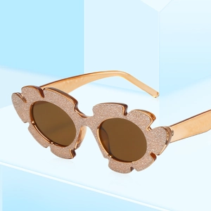 Modische Kinderblumen-Sonnenbrille in Bernstein-Orange mit champagnerfarbenem Glitzer