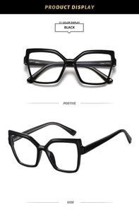 Detail view of black square glasses frame showing specifications on temple and front view