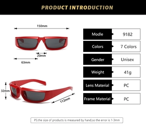 Detailed size specifications and dimensions for red Y2K sports wrap sunglasses