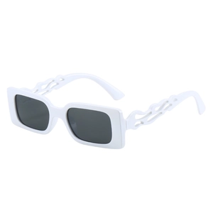 Fashion rectangular white sunglasses with unique cutout flame temple design and dark lenses