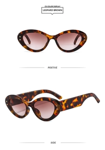 Detail view of leopard cat-eye sunglasses with gold star accents and gradient lenses