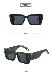 Front and side view of black rectangle sunglasses with green marble pattern temples