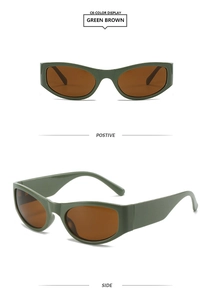 Green and brown Y2K sunglasses with wide temples shown from front and side views
