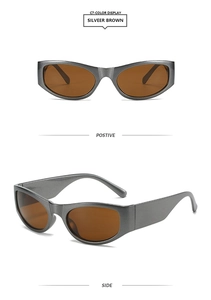 Front and side views of Y2K retro silver frames with brown lenses trendy sunglasses