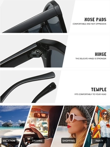 Détails des charnières métalliques renforcées et des plaquettes de lunettes de soleil