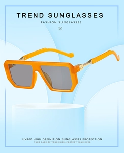 Macro shot of bright orange oversized square frame sunglasses with UV400 lenses