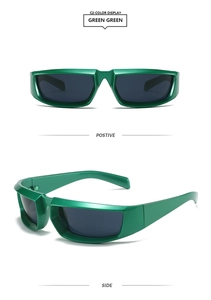 Bright green rectangular sporty wrap sunglasses with dark grey lenses in front and side views