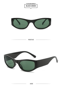 Front and side view of retro Y2K sporty sunglasses with black frames and dark green lenses