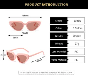 Detailed size chart for Y2K cat-eye sunglasses with dimensions and PC frame material