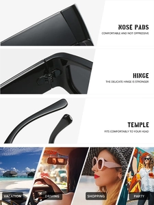 Detail view of Y2K sunglasses with nose pads, metal hinges and lifestyle usage scenes