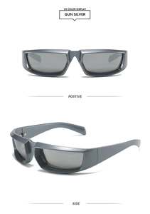 Front and side view of Y2K square wrap around sports sunglasses in gun silver metallic finish