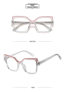 Detail view of pink transparent cat eye glasses frames with side and front view