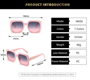 Size chart for oversized square sunglasses showing 148mm width and 144mm temple length