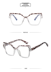 Detail view of cat-eye leopard print glasses frame with transparent temples and retro design