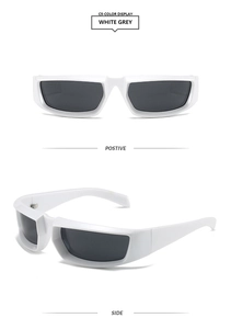 Front and side views of Y2K futuristic white wrap sunglasses with grey lenses