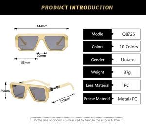 Detailed size specifications and dimensions for these oversized square retro sunglasses