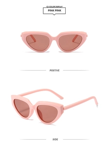 Detailed front and side views of pink Y2K cat-eye sunglasses with gradient brown lenses