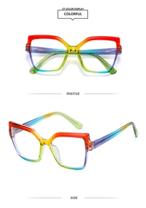 Detail showing rainbow gradient square glasses frames from both front and side angles