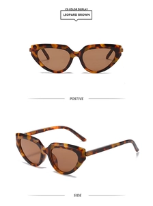 Detail view of leopard brown cat eye sunglasses showing front and side perspectives