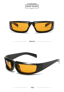 Front and side views of Y2K wraparound sports sunglasses with black frames and orange lenses