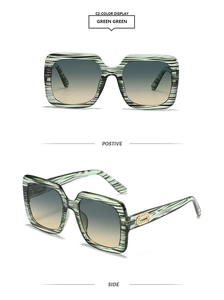 Detailed views of square oversized sunglasses with green marble frame and gradient lenses