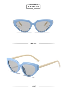 Detail view of cat-eye sunglasses featuring light blue frames and beige temples
