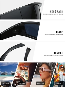 Detail view of square Y2K wrap sunglasses with reinforced hinges and nose pads