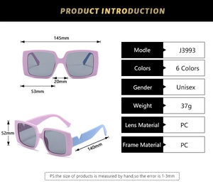 Detailed size chart and specifications for stylish square frame candy-colored sunglasses