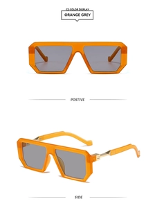 Front and side views of square orange translucent sunglasses with grey lenses