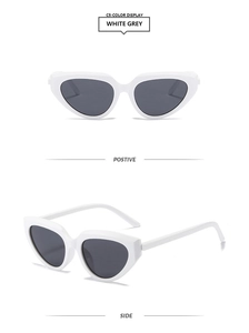 Detail view of white cat-eye sunglasses with grey lenses from front and side angles